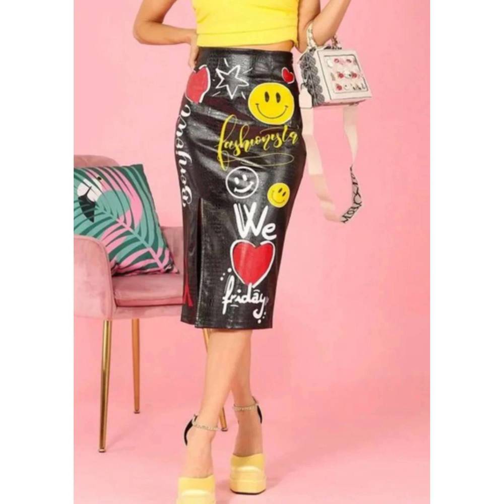 NEW DENIM LOVE printed faux leather high rise midi skirt in black